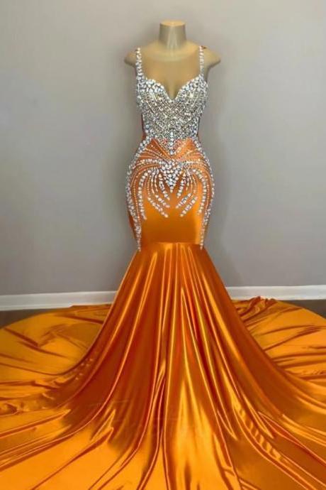 Plus Size Orange Prom Dresses Long Tail Abendkleider Luxus 2023 Mermaid Beaded Crystals Spaghetti Straps Formal Occasion Dresses 2024 Robes De