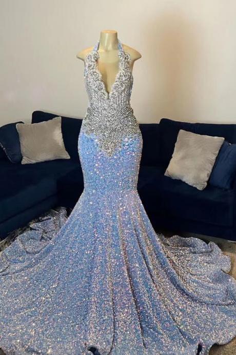 Fashion Party Dresses Glitter Beaded Crystals Blue Prom Dresses For Black Girls Mermaid Plus Size Sparkly Modest Formal Occasion Dresses Vestidos
