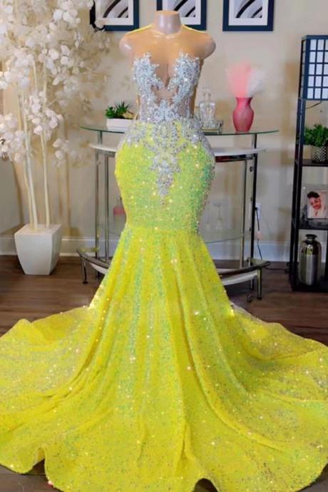 2024 Prom Dresses Sequins Sparkly Yellow Sleeveless Prom Gown Fashion Beaded Applique Elegant African Evening Dresses 2025 Formal Wear