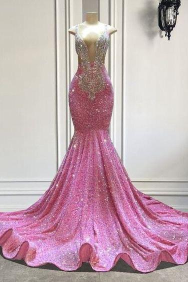 Vestidos De Ocasión Formales Sparkly Pink Prom Dresses For Black Girls Fashion Beaded Crystals V Neck Elegant Prom Gown Evening Wear Robes De