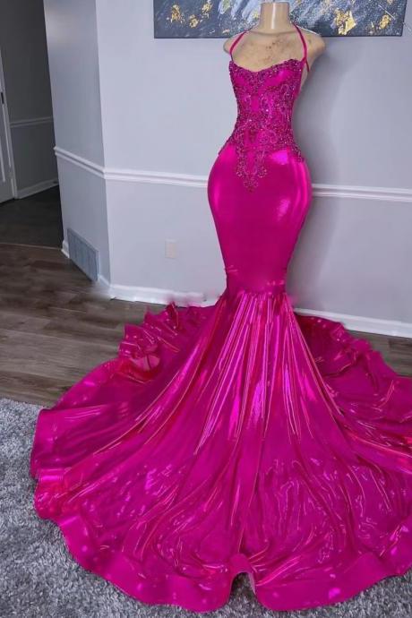 Spaghetti Strap Pink Prom Dresses For Women Beaded Applique Mermaid Elegant Satin Sexy Fashion Party Dresses Birthday Party Dresses Vestidos De