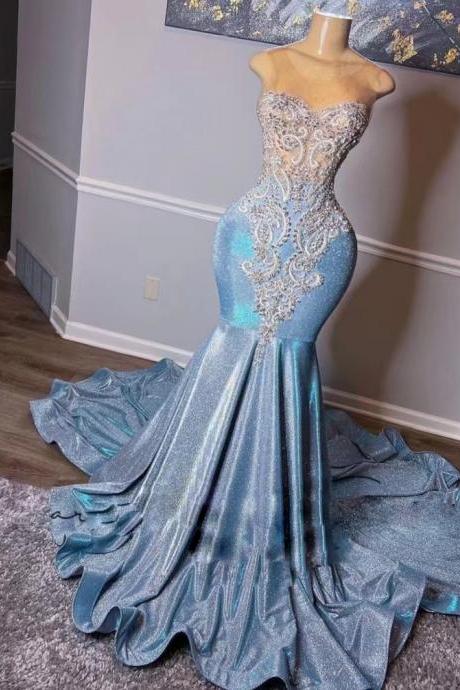 Robes De Soiree Sheer O Neck African Prom Dresses Beaded Applique Luxury Modest Blue Elegant Gorgeous Prom Gown Formal Occasion Dresses Black
