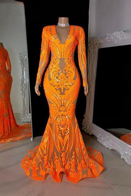 Robes De Soirée Orange Sparkly Prom Dresses For Black Girls Sequins Applique Arrival Fashion Party Dresses Formal Occasion Dress Vestidos De