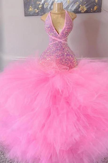 Plus Size Pink Prom Dresses 2023 Pageant Dresses For Women Sparkly Sequins Fashion Halter Sexy Party Dresses Prom Gown 2024 Vestidos De