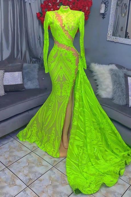Birthday Dress For Women Luxury 2023 High Neck Sparkly Prom Dresses Lime Green Long Sleeve Elegant Sequins Applique Formal Dresses With Side Slit