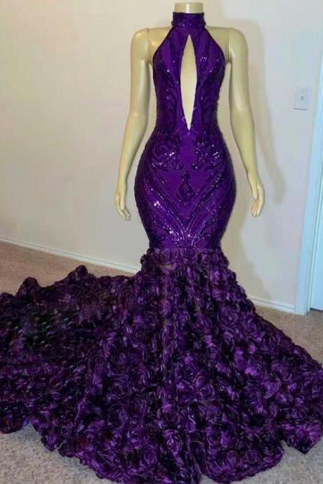 Vestidos De Ocasión Formales Purple Sequin Applique Prom Dresses For Black Girls Mermaid Floral Glitter Sparkly Evening Dresses Robes De Soiree
