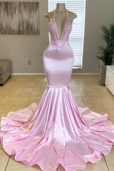 Elegant Birthday Party Dresses For Women Mermaid Pink Prom Dresses 2024 Lace Applique Halter Modest Evening Dresses Formal Occasion Dresses 2025