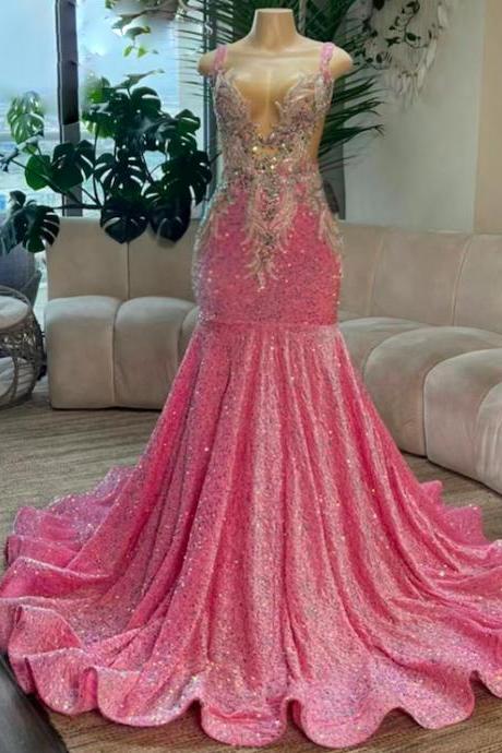 Vestidos Para Mujer Glitter Prom Dresses 2024 Luxury Gowns Mermaid Pink Sparkly Evening Dresses 2025 Beaded Applique Black Girl Fashion Party