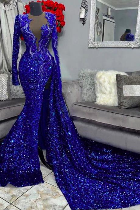 Royal Blue Sparkly Prom Dresses Long Sleeve V Neck Fashion Glitter Evening Dresses Beaded Applique Sexy Birthday Party Dresses Robes De Cocktail