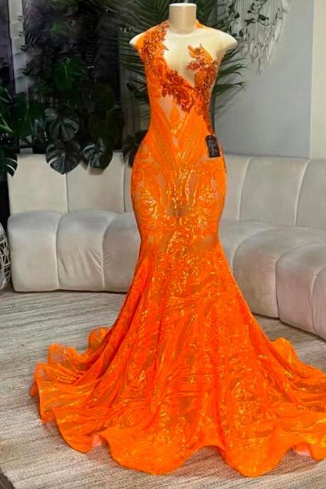Formal Occasion Dresses Orange Sparkly Prom Dresses 2023 Beaded Applique Mermaid Sheer Neck Arrival Party Dresses 2024 Birthday Celebrity