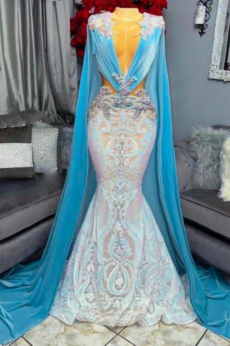 Muslim Dubai Fashion Prom Dresses With Cape Sparkly Sequin Applique Arabic Evening Dresses For Women Velvet Elegant African Formal Dresses