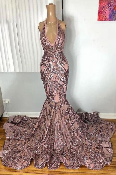 Rose Gold Prom Dresses Halter Long Mermaid Sexy Party Dresses Vestidos De Gala Sparkly Formal Occasion Dresses Robes Femme Soiree
