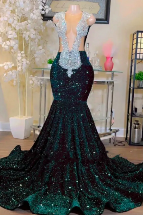 Beaded Luxury Prom Dresses 2024 Green Sparkly Sequins Formal Occasion Dresses 2025 Vestidos De Fiesta Modest V Neck Elegant Glitter Evening