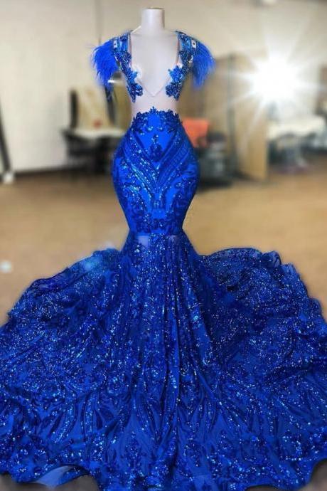Feather Modest Prom Dresses 2023 Elegant Royal Blue Sparkly Mermaid Prom Gown 2024 Formal Wear Sequin Applique Fashion Glitter Evening Dresses Vestidos De Gala