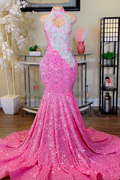High Neck Sparkly Prom Dresses 2024 Sequin Elegant Mermaid Lace Applique Formal Occasion Dresses 2025 Vestidos De Noche Glitter Sexy Party