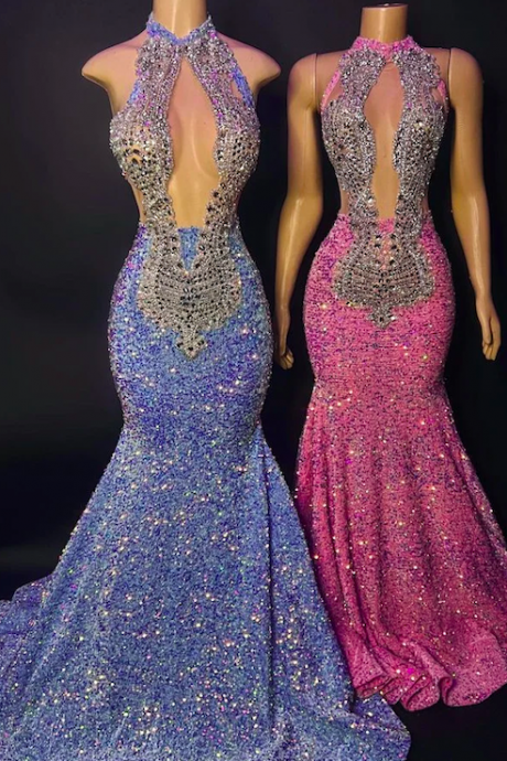 2023 Fashion Party Dresses Luxury Sparkly Beaded Prom Dresses 2024 Vestidos De Gala Custom Glitter Halter Formal Occasion Dresses Sequins Robes
