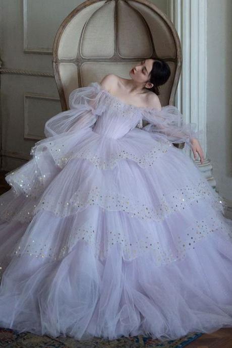 Romantic Purple Prom Dresses 2023 Off The Shoulder Tiered Tulle Elegant Lilac Prom Gown 2024 Robes De Cocktail Sequins Simple Party Dresses