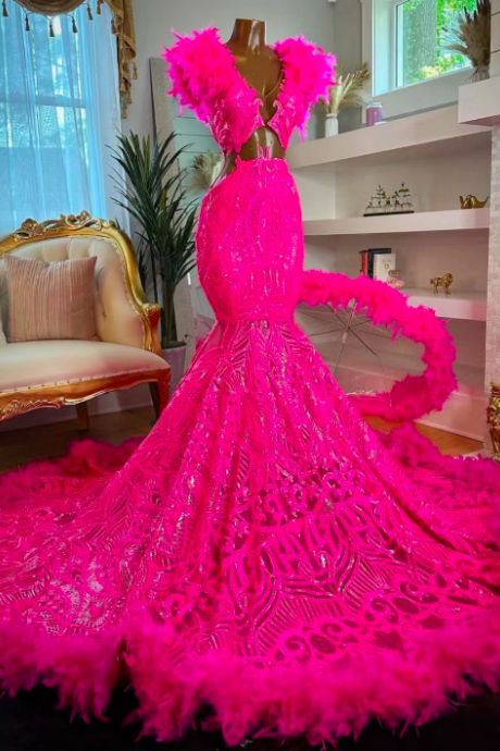 Sparkly Applique Prom Dresses Luxury Feather Hot Pink Elegant Modest Prom Gown Special Occasion Dresses Cap Sleeve V Neck Fashion Party Dresses
