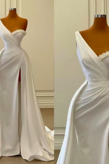 One Shoulder Cheap Bridal Dresses 2023 Sweetheart Neck Beaded Simple Off White Wedding Dresses 2024 Robes De Mariage Detachable Train Arabic Wedding Gown