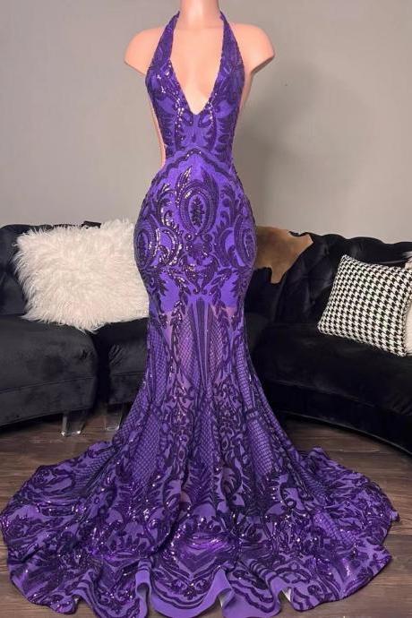 Halter Sparkly Prom Dresses For Black Girls 2023 Purple Mermaid Elegant Evening Dresses Long 2024 Vestidos De Noche Fashion Sexy Party Dresses