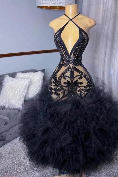 Black Prom Dresses For Women Sequin Applique Elegant Mermaid Sparkly Fashion Party Dresses Plus Size African Evening Dresses Vestidos De Gala