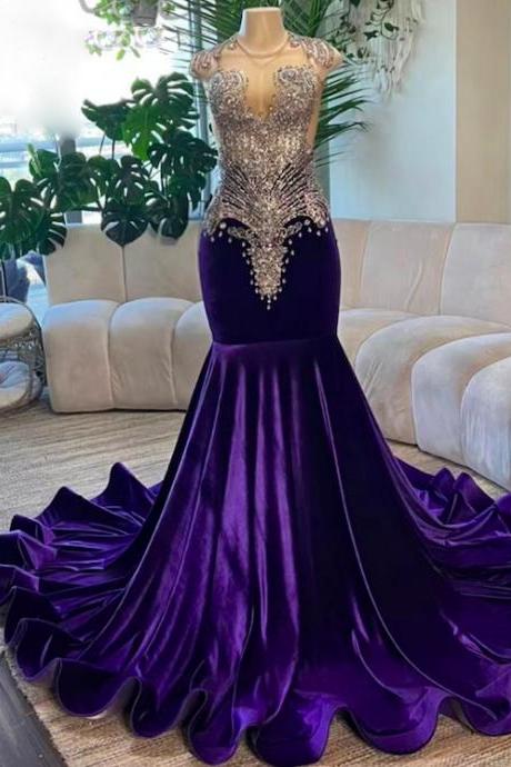 Luxury Beaded Prom Dresses For Women Crystals Purple Mermaid Modest Formal Occasion Dresses 2024 Vestidos De Graduacion Elegant African Evening