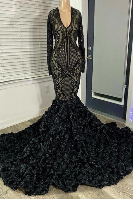 Modest Vintage Prom Dresses 2024 Long Sleeve Elegant Sparkly Applique V Neck Floral Black Evening Dresses 2025 Vestidos De Fiesta De Longo