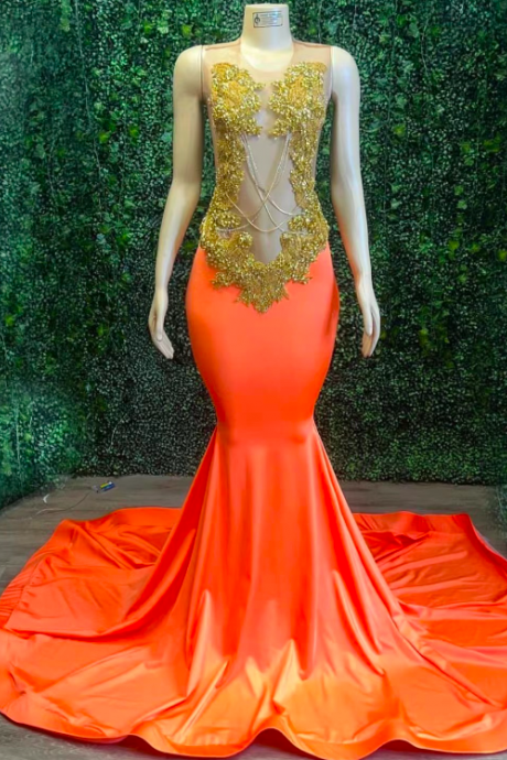 Orange Luxury Prom Dresses For Black Girls Mermaid Gold Lace Applique Beaded Elegant Prom Gown Fashion Formal Dresses Vestidos De Gala Women