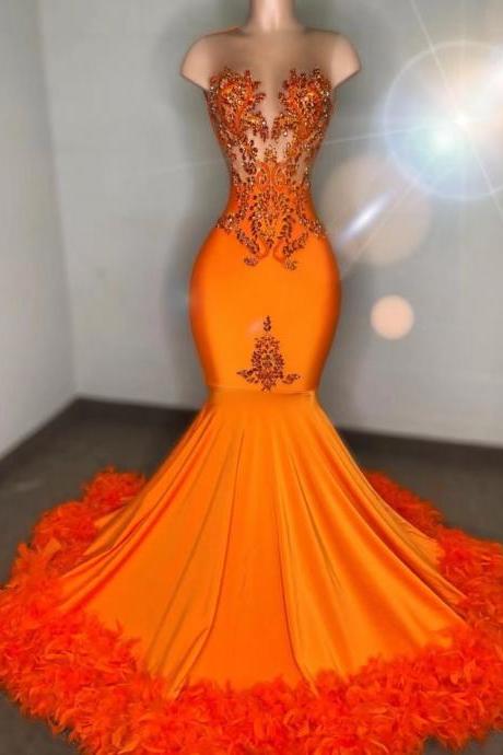 Luxury Orange Prom Dresses 2024 Beaded Applique Mermaid Feather Elegant Prom Gown 2025 Formal Occasion Dresses Vestidos De Noche Abendkleider