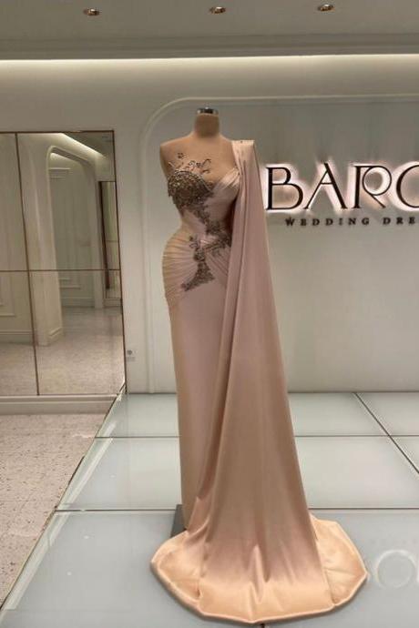 Dubai Fashion Prom Dresses 2023 Fashion Pink Beaded Applique Evening Dresses For Women 2024 Cape Elegant Muslim Formal Party Dresses Vestidos De