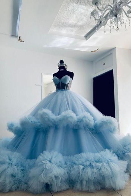Sweet 16 Dresses Blue Prom Dresses Ball Gown Tiered Tulle Beaded Sweetheart Neck Simple Elegant Pageant Dresses For Women Fashion Party Dresses