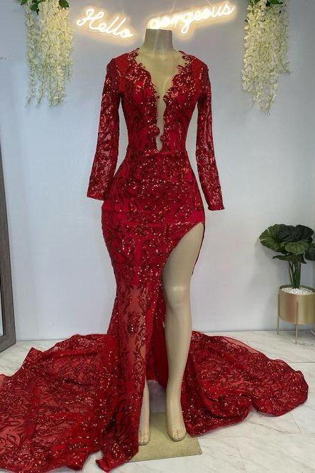 Red Sparkly Prom Dresses 2023 Vestidos De Fiesta Long Sleeve V Neck Mermaid Elegant Prom Gown 2024 Formal Occasion Dresses Glitter Fashion Party