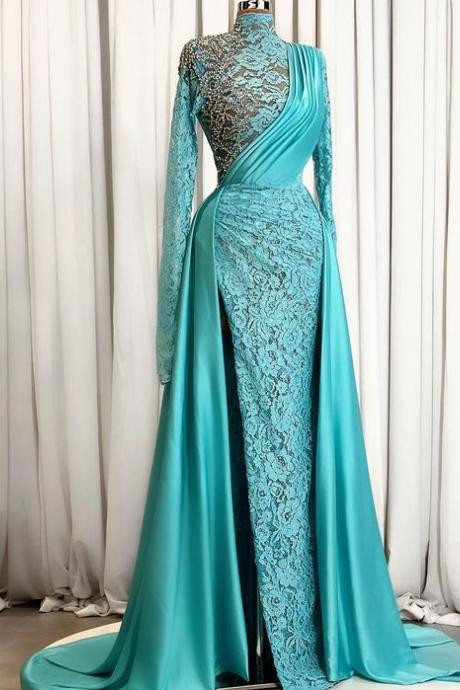 High Neck Arabic Prom Dresses 2023 Lace Applique Beaded Elegant Muslim Evening Dresses 2024 Dubai Fashion Formal Occasion Dresses Vestidos De