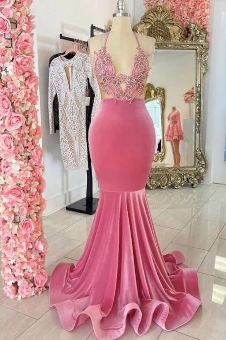 Pink Halter Prom Dresses Vestidos De Mujer Para Beaded Applique Mermaid Sexy Party Dresses Abendkleider Modest Elegant Formal Occasion Dresses