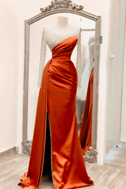 Long Sleeve Beaded Prom Dresses With Overskirt Sheer Neck Elegant Dubai Fashion Party Dresses Robes De Soiree Femme Orange Gorgeous Luxury