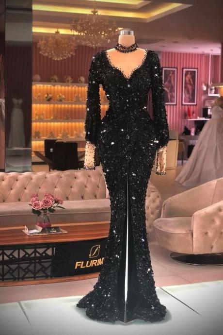 Fashion Party Dresses 2023 Glitter Black Prom Dresses 2024 Sequined Full Sleeve Modest Mermaid Sparkly Formal Occasion Dresses Vestidos De