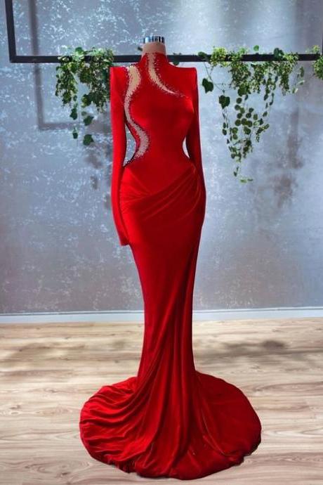 High Neck Red Evening Dresses 2023 Abendkleider Beaded Long Sleeve Modest Sexy Formal Occasion Dresses 2024 Dubai Fashion Elegant Prom Dresses
