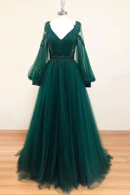 Long Sleeve Green Prom Dresses 2023 Beaded Lace Applique Arabic Prom Gown Custom Make V Neck Floor Length Elegant Evening Dresses 2024 Robes De