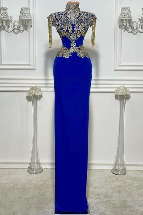 2023 High Neck Tassels Prom Dresses Lace Applique Elegant Mermaid Modest Formal Dresses 2024 Abendkleider Simple Custom Make Evening Wear Robes