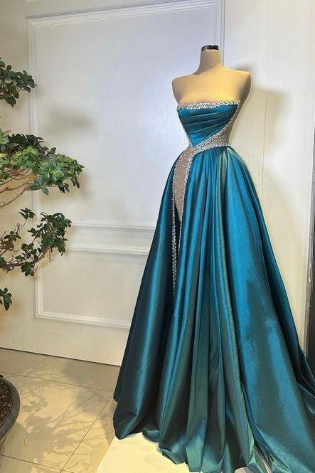 Luxury Beaded Prom Dresses 2023 Strapless Teal Blue Satin A Line Elegant Fashion Party Dresses 2024 Robes De Bal Simple Floor Length Custom Make