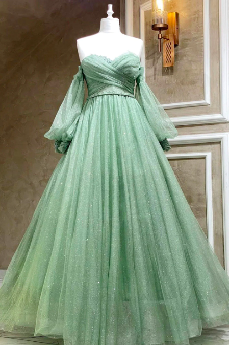 Off The Shoulder Prom Dresses For Women A Line Sage Green Sparkly Tulle Prom Gown Robes De Bal Sweetheart Neck Elegant Long Sleeve Party Dresses