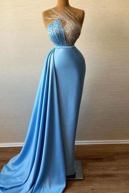 Blue Beaded Prom Dresses 2023 Elegant Pleated Custom Prom Gown 2024 Robes De Soiree Femme Vestidos De Noche Fashion Party Dresses Abendkleider