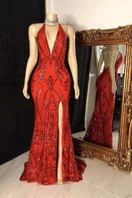 Halter Evening Dresses 2023 Vestidos De Noche Red Sparkly Sequin Applique Elegant Prom Dresses 2024 Robes De Soiree Femme Cocktail Dresses