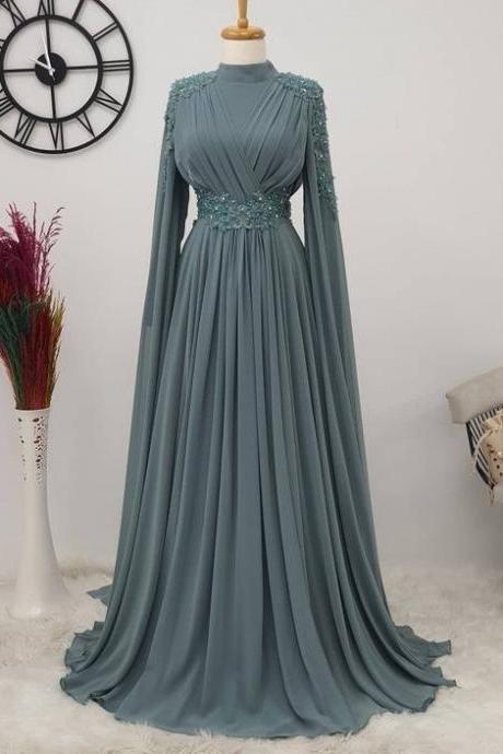 Robes De Bal High Neck Blue Prom Dresses 2023 Lace Applique Beaded A Line Chiffon Prom Gown Floor Length Muslim Dubai Fashion Party Dresses