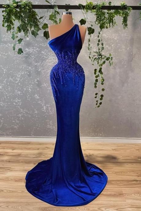 Royal Blue Evening Dresses 2023, One Shoulder Lace Applique Beaded Mermaid Simple Formal Dresses, 2024 Vestidos De Noche Robes De Soiree Femme
