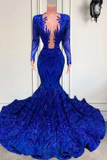 Long Sleeve Prom Dresses For Black Girls Royal Blue Sequin Applique Evening Gown Glitter Sparkly Custom Party Dresses Vestidos De Gala