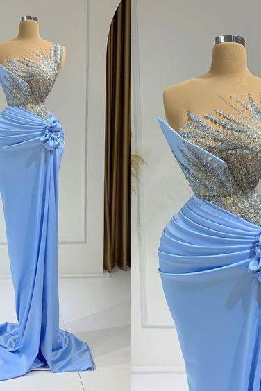 Vestidos Para Mujer Modest Beaded Prom Dresses For Women Luxury Blue Elegant Prom Gown Formal Occasion Dresses Dubai Arabic Evening Dresses