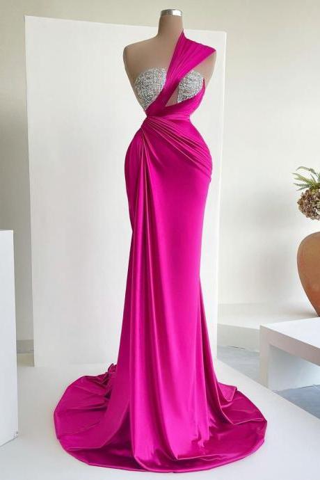 Hot Pink Prom Dresses 2024 Vestidos De Fiesta Mermaid One Shoulder Simple Elegant Evening Gown 2023 Birthday Party Dresses Robe Femme Soirée