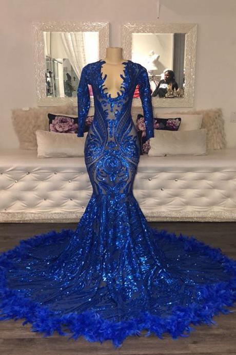 Plus Size Custom Prom Dresses 2024 Long Sleeve Sparkly Feather Evening Dresses For Women Royal Blue Elegant African Evening Dresses 2023 Formal