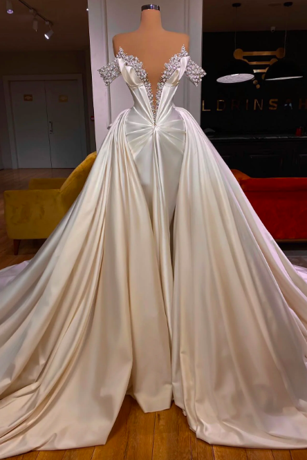 Arabic Wedding Dresses 2023 Beaded Detachable Skirt Elegant Bridal Dresses 2024 Robes De Mariee Ruched Gorgeous Dubai Fashion Wedding Gown